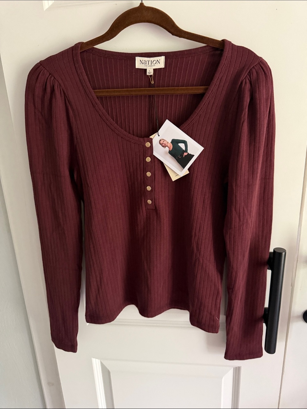 Anthro Nation Los Angeles Burgundy Ribbed Henley Long-Sleeve Top large